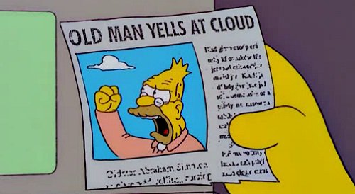Uma imagem do jornal cortado na qual o vovô Simpson aparece gritando para nuvens no céu.
