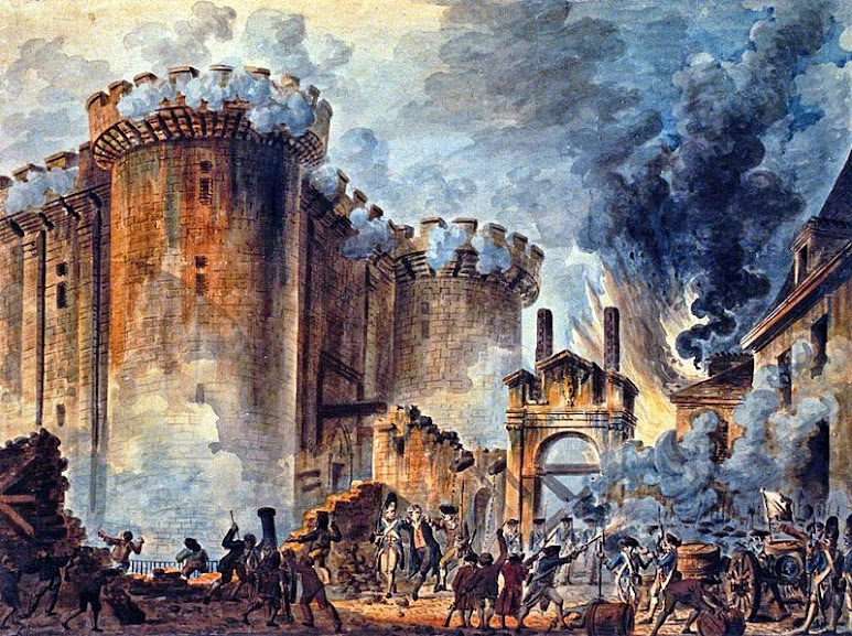 Pintura a óleo mostrando a queda da Bastilha durante a revolução francesa. A Bastilha era um forte com quatro torres, ela está em chamas enquanto diversas pessoas assistem. Outras disparam contra elas e jogam pedras. Um homem está sendo preso por outros dois. Um verdadeiro caos na rua.