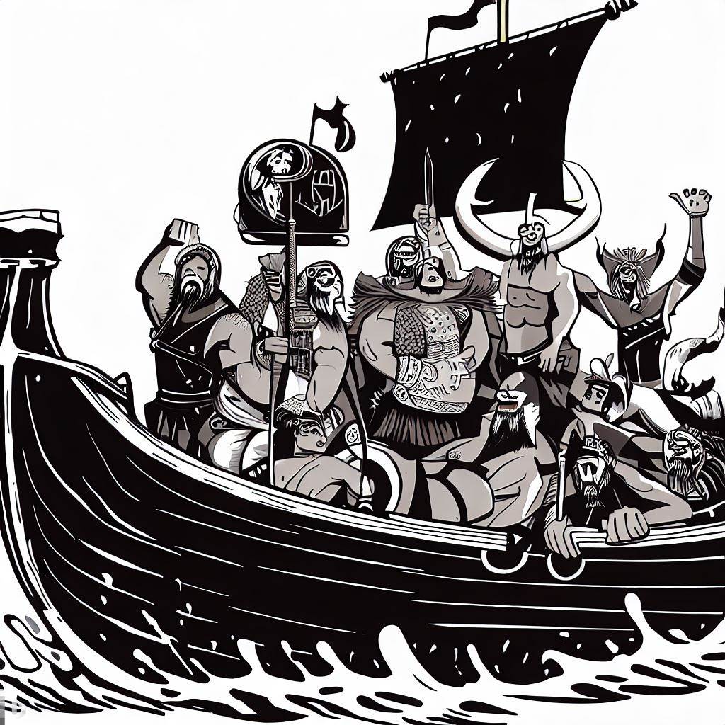 Barco viking com diversos vikings dentro dele. Todo em preto e branco.