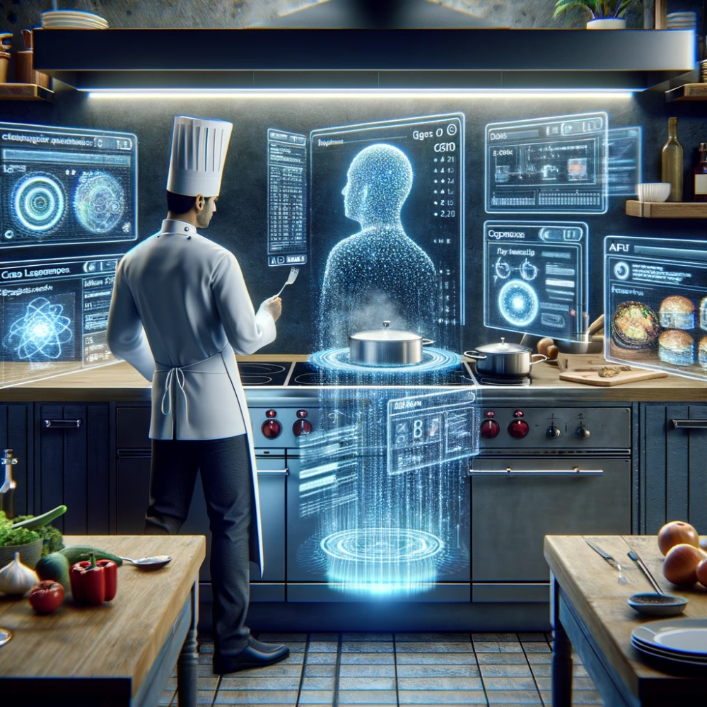 Um cozinheiro conversando com uma inteligência artificial em uma cozinha de restaurante.