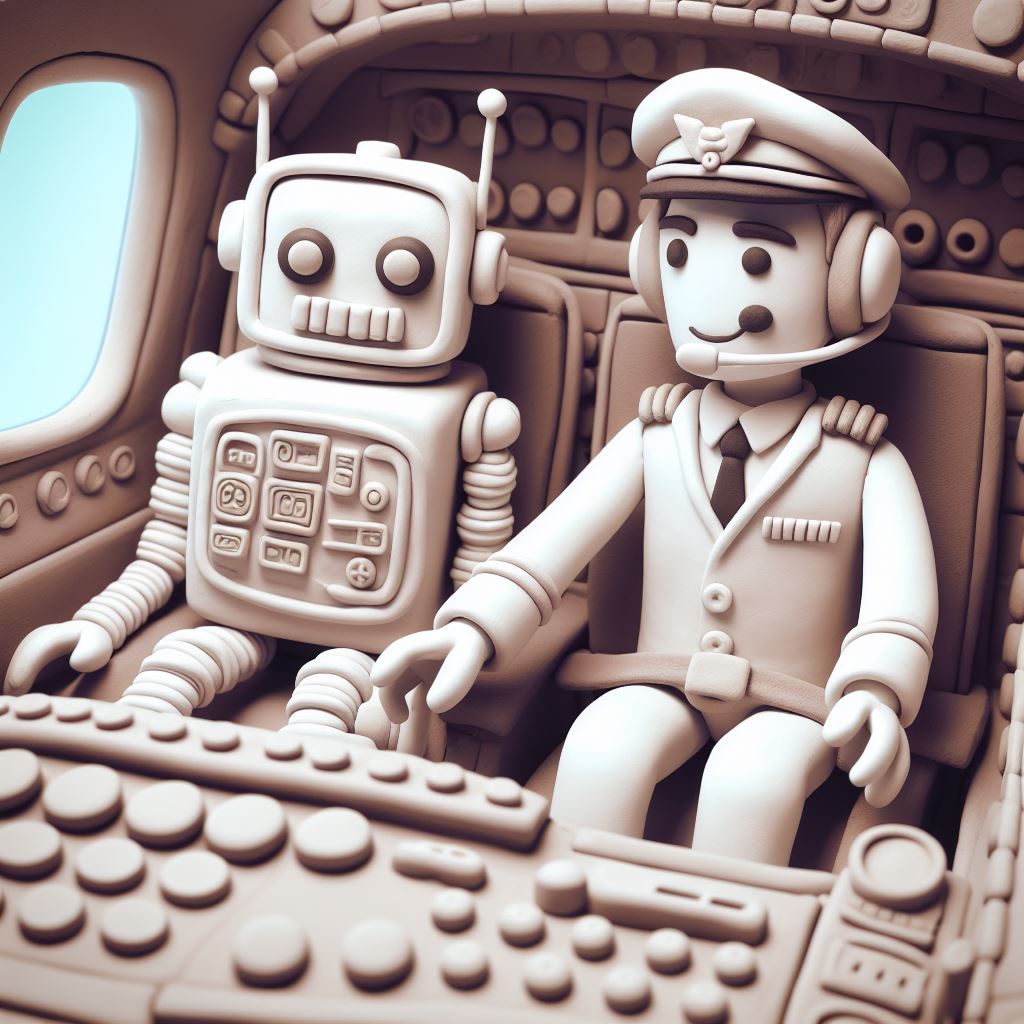 A Inteligência Artificial representada por um robô copilotando um avião com um piloto que é a pessoa.