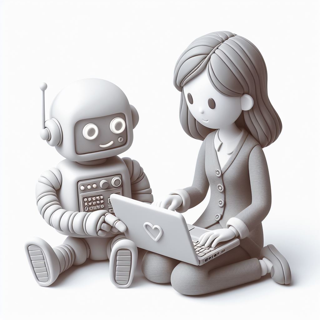 Uma imagem mostrando um robô, a Inteligência Artificial trabalhando com uma mulher que está com o laptop no colo. Ambos olham para o laptop.