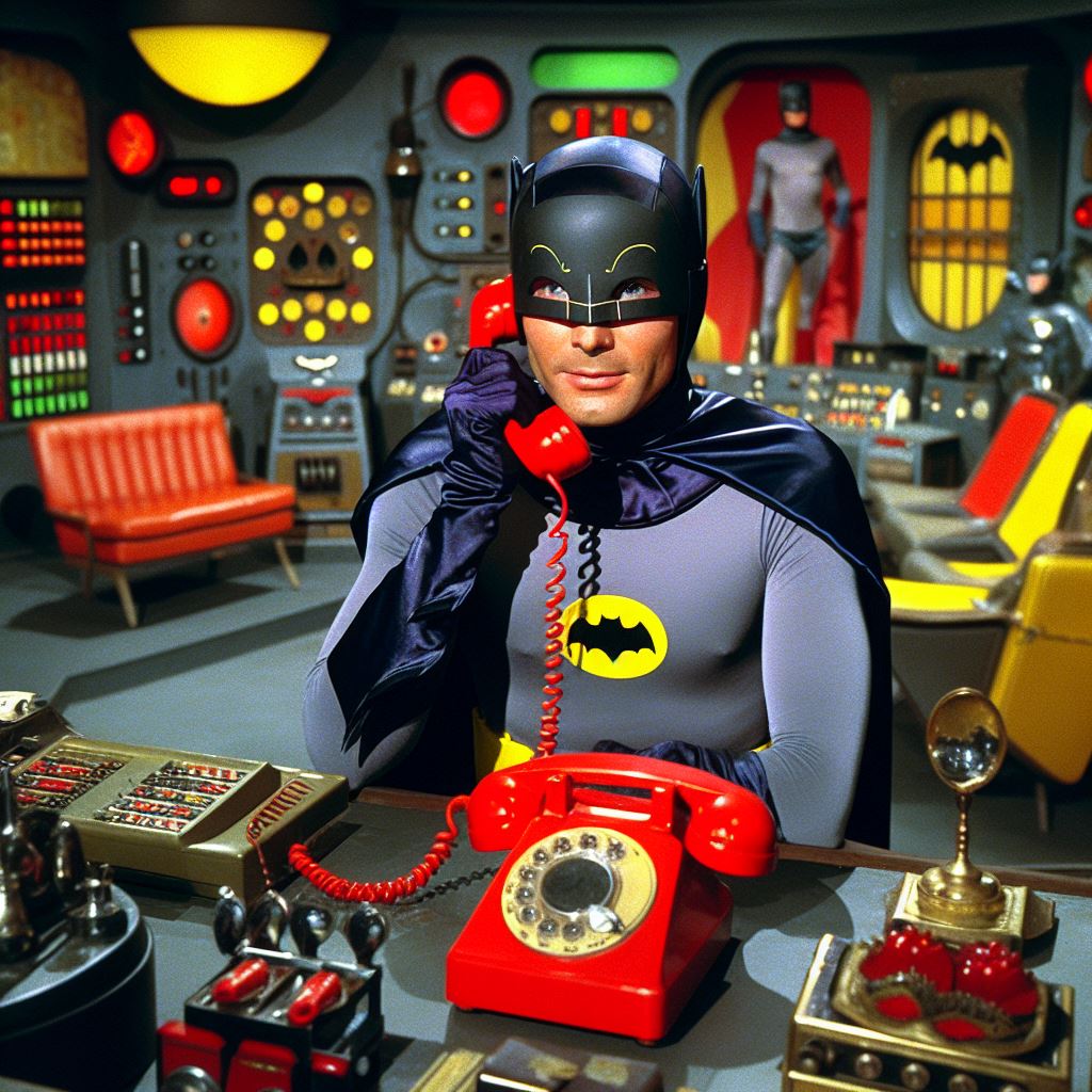 Batman de Adam West 1960 falando no Batfone vermelho. Uma das formas de resolver as dependências externas