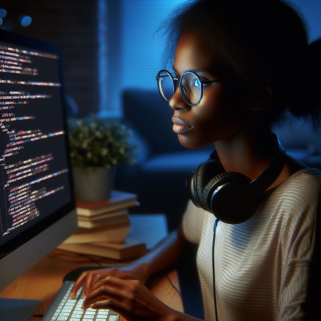 Uma mulher negra, com óculos, cabelo preso como rabo de cavalo, olhando para a tela de um computador enquanto digita.