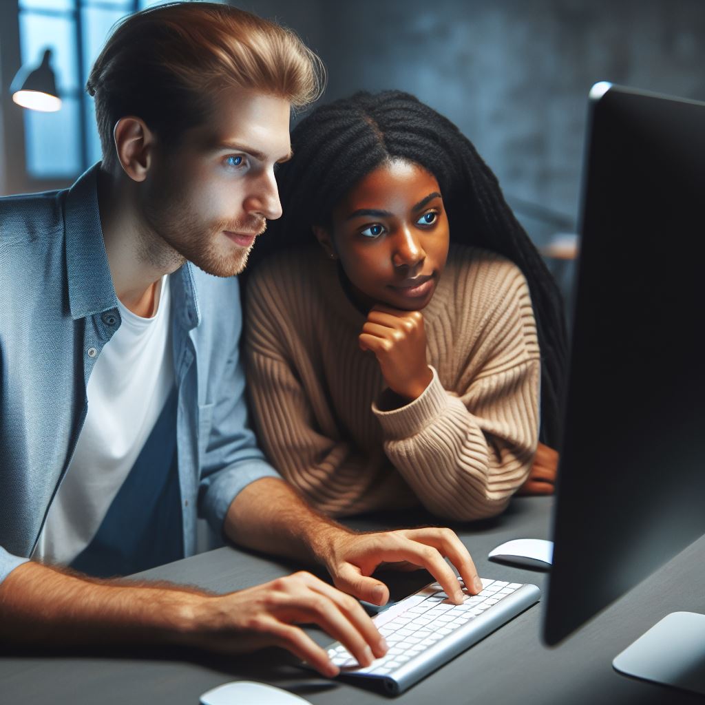 Programação em par. Um homem com as mãos sobre o teclado e ao lado dele uma mulher apenas olhando para o computador.