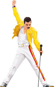 Desenho do Freddie Mercury em sua lendária posição com a mão para cima, braços estendidos e punho cerrado enquanto olha para baixo e segura o microfone abaixo da linha da cintura.