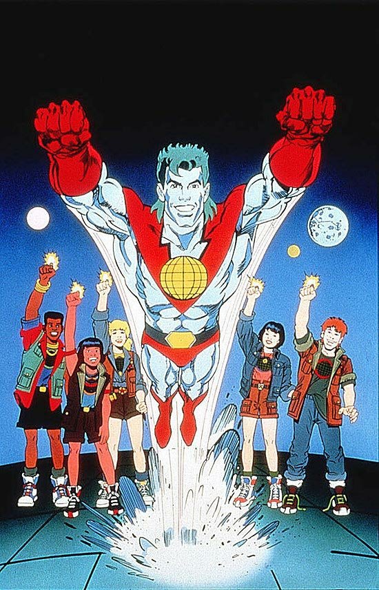 Na imagem aparece o herói Capitão Planeta levantando voo na frente do time de Defensores. Os 5 defensores estão com os punhos cerrados e mãos levantados.