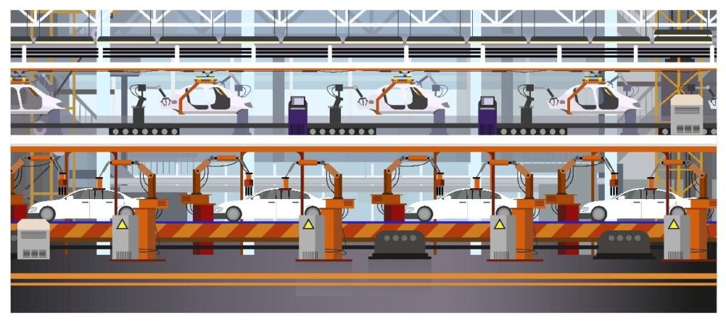 O desenho de uma fábrica de carros com muito robôs montando os carros.