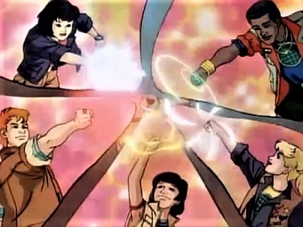 Os cinco defensores com o braço estendido invocando o Capitão Planeta.