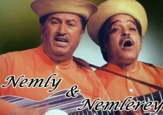 Foto dos artistas sertanejos Nemly e Nemlerey cantando. Ambos com camisas laranja de botões e chapéus tipicamente sertanejos. Nemly aparece na foto com seu violão. Esta imagem é uma referência a feedbacks destrutivos.